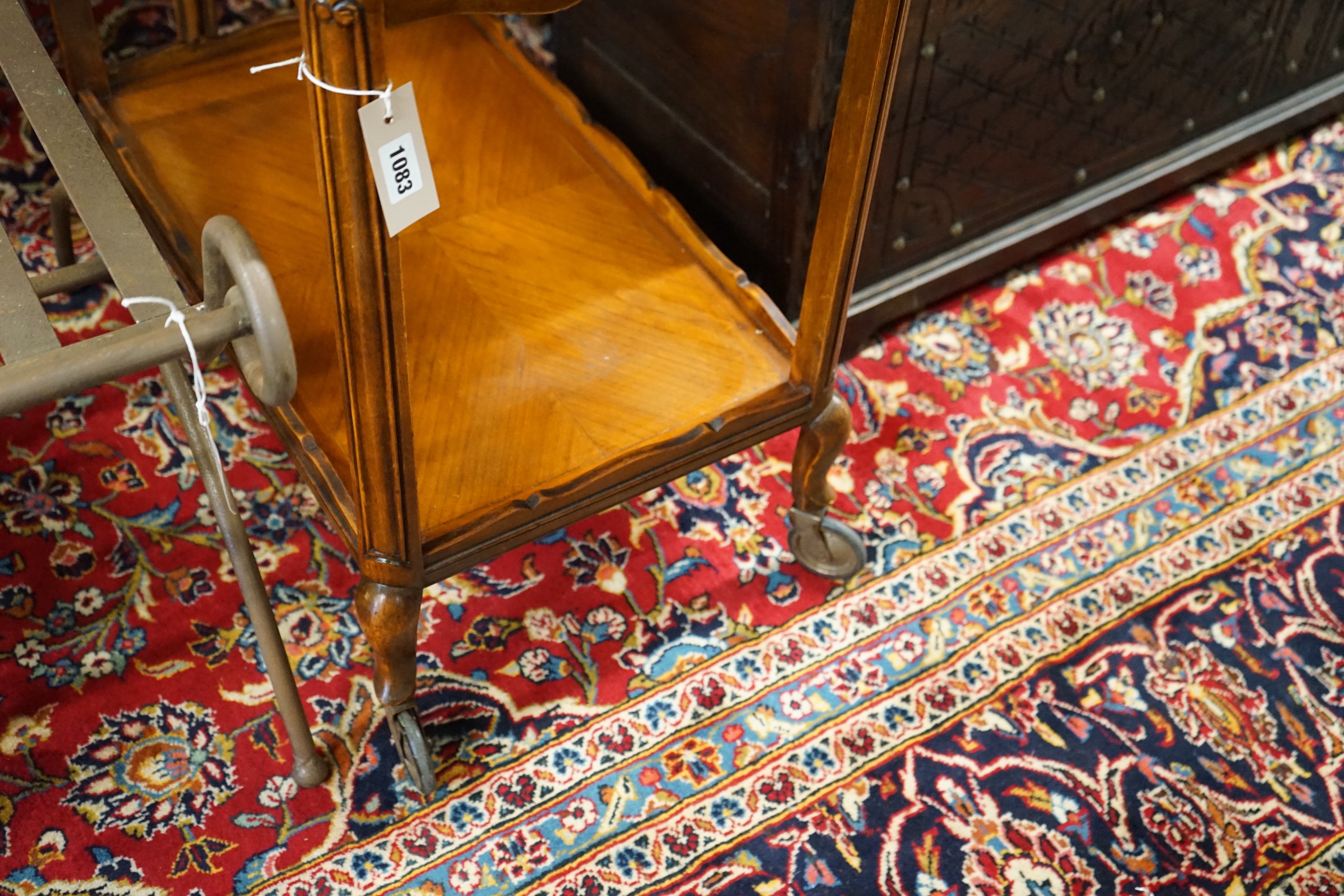 A French reproduction rectangular two tier tea trolley, width 69cm, depth 44cm, height 69cm together with a G Plan teak coffee table